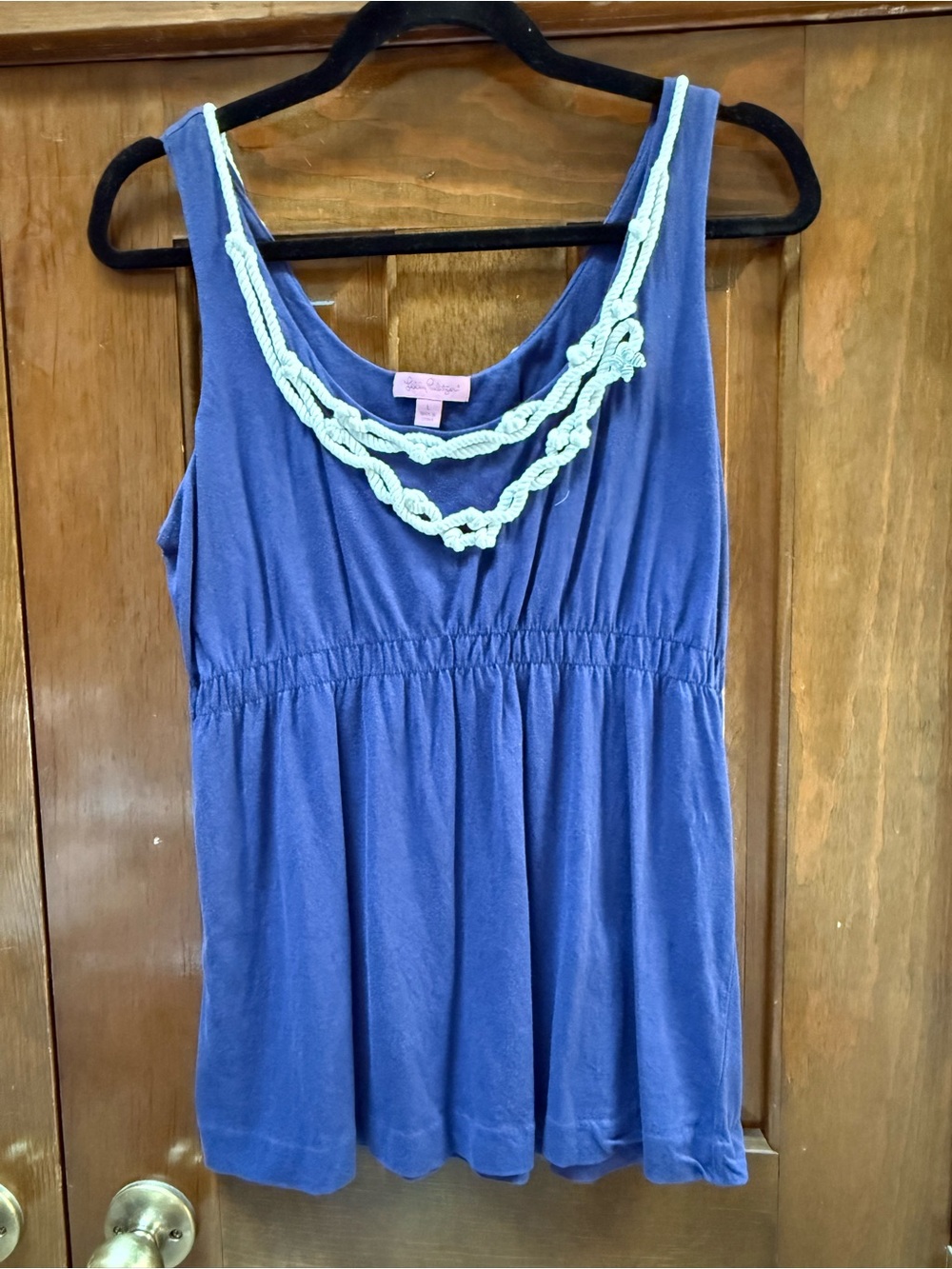 Lilly Pulitzer Navy Blue Cotton Empire Waist Tank Top w/ White Rope Trim